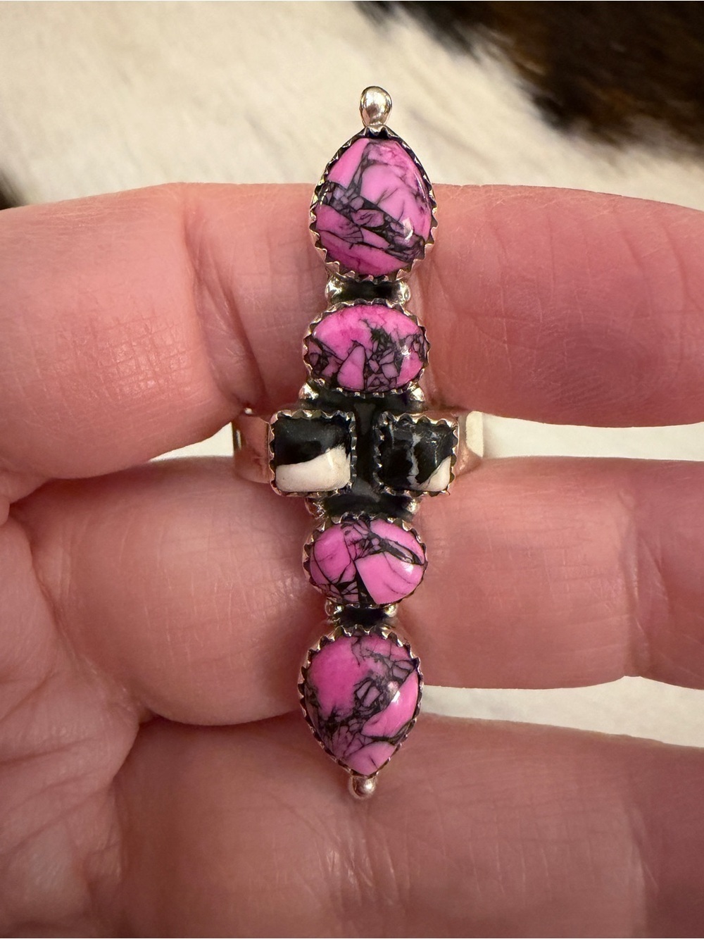 ❤️ Cherry Blossom Dahlia & White Buffalo Turquoise ADJ 925 Statement Ring 10G